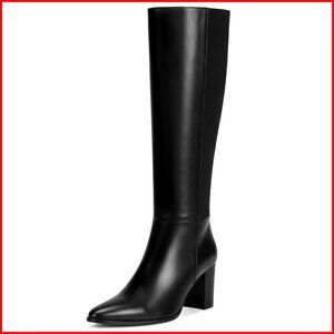 Women's Knee High Boots with 3.35-Inch Chunky Heel, Pointed Toe, Side Zipper